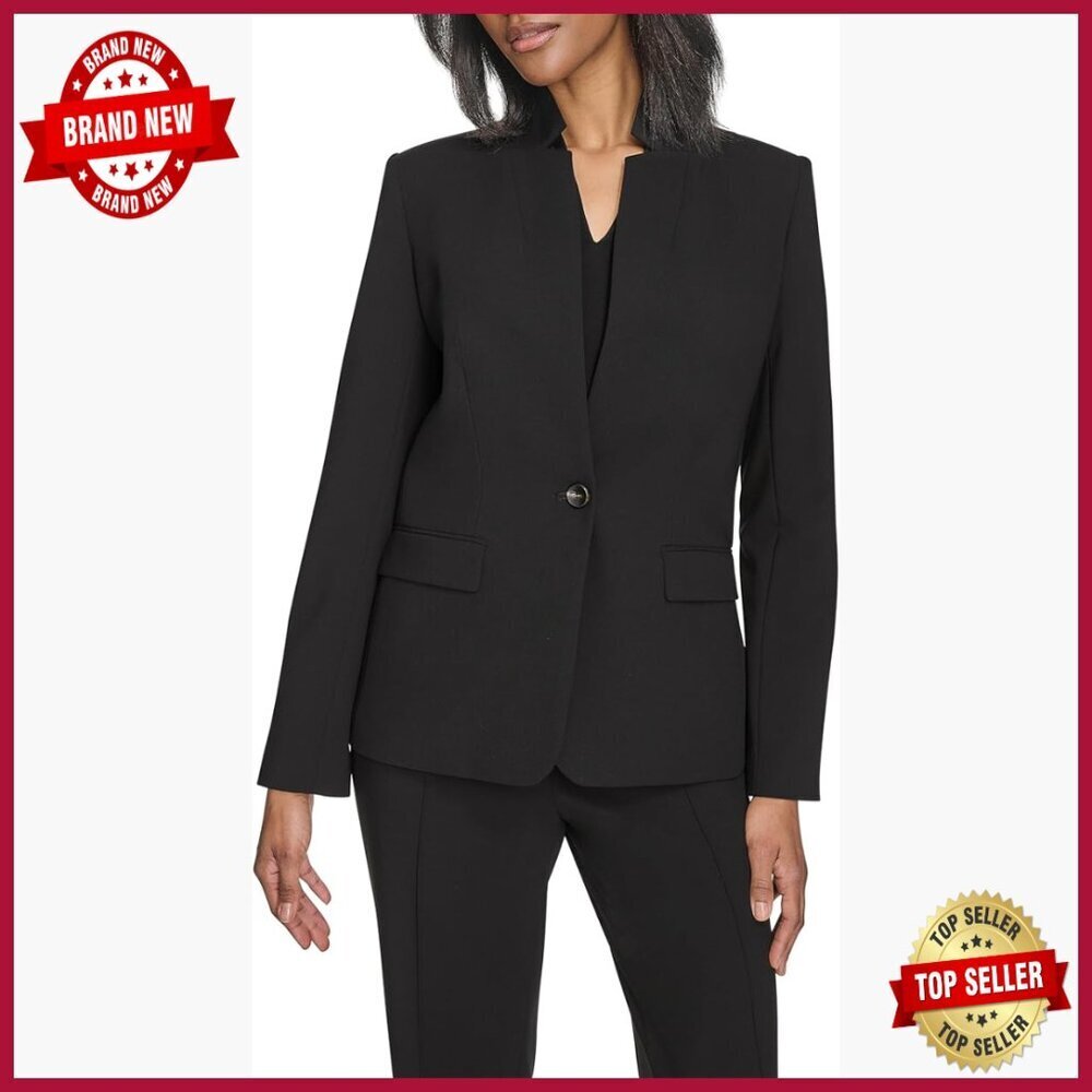 One Button Woven Blazer with Front Pocket, Stand Collar